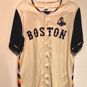 Cream and Navy Blue Boston Baseball Jersey with Rainbow Trim